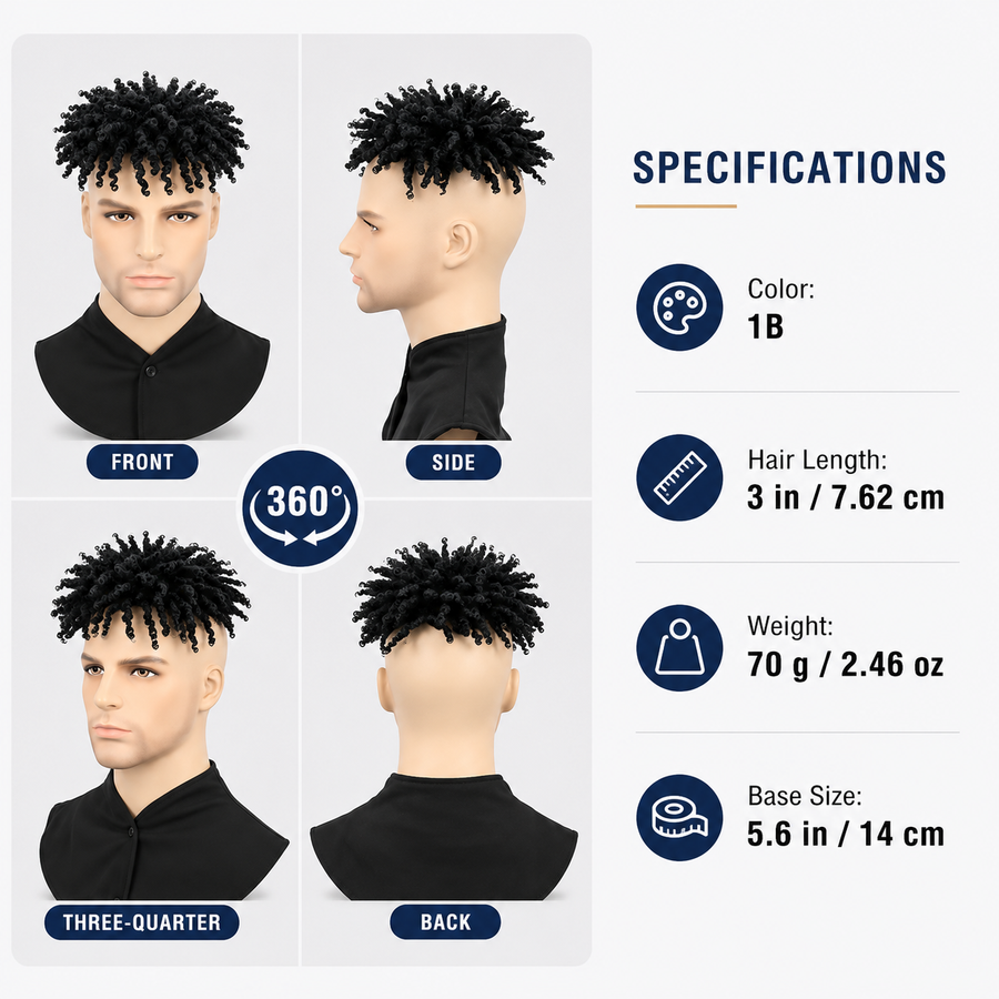Men's Kinky Twist Hair Topper | Clip-In Curly Hair Piece for Natural Volume & Style