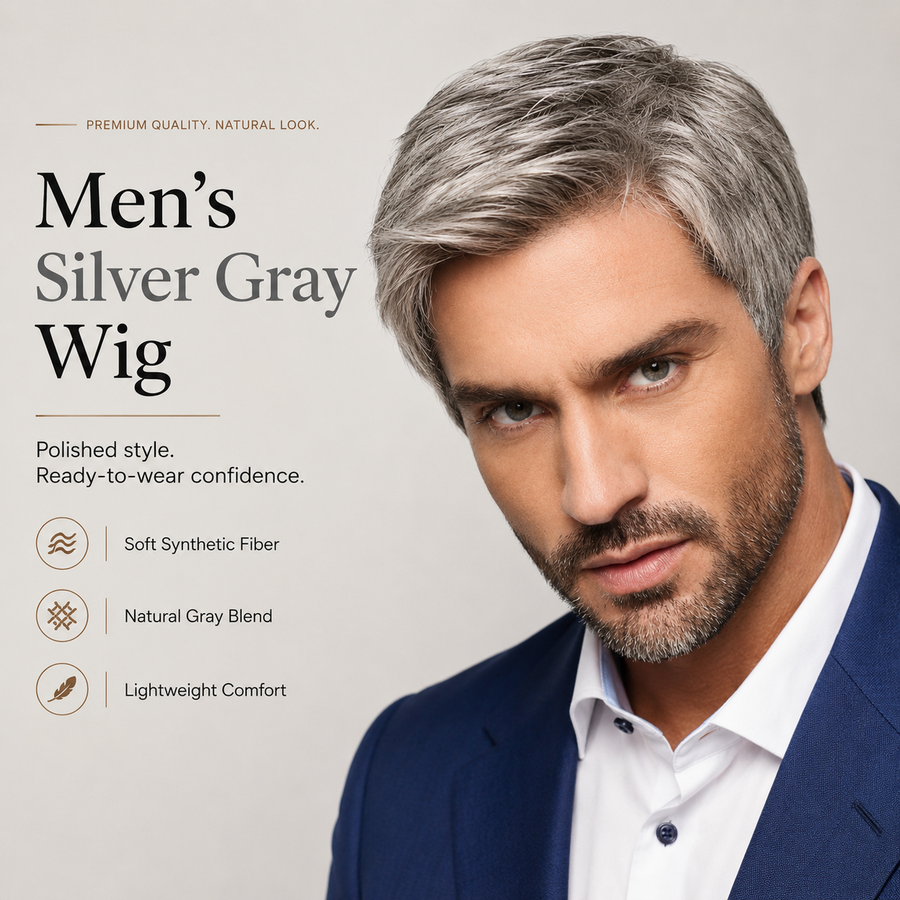 Men’s Silver Gray Short Synthetic Wig – Natural Layered Hairpiece