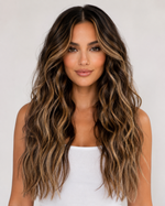 Chocolate Caramel Balayage Long Loose Wave Human Hair Wig for Women | Middle Part Brown Highlight Natural Looking Wig