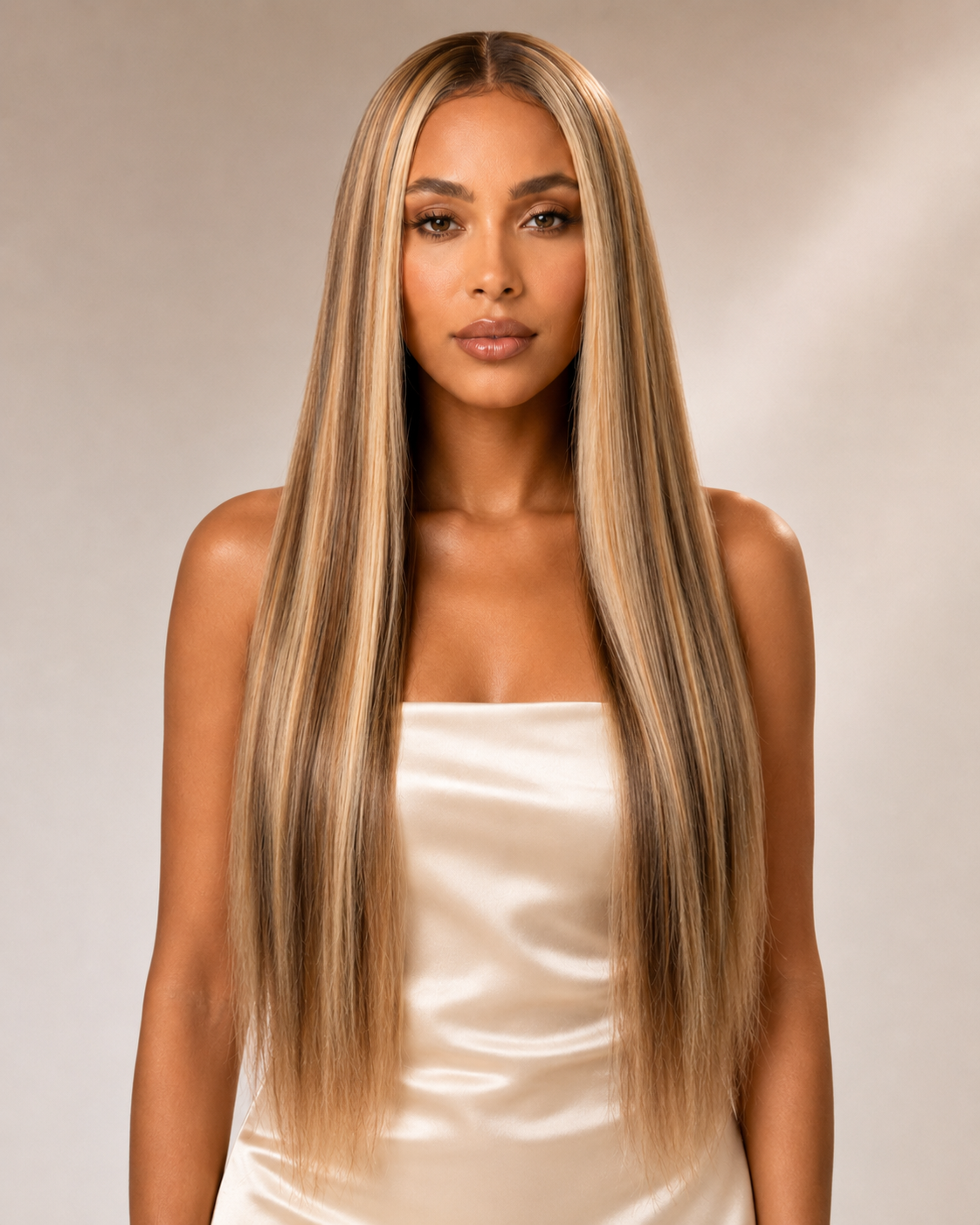 Women’s Long Straight Highlight Synthetic Wig – Natural Middle Part Brown Blonde Wig