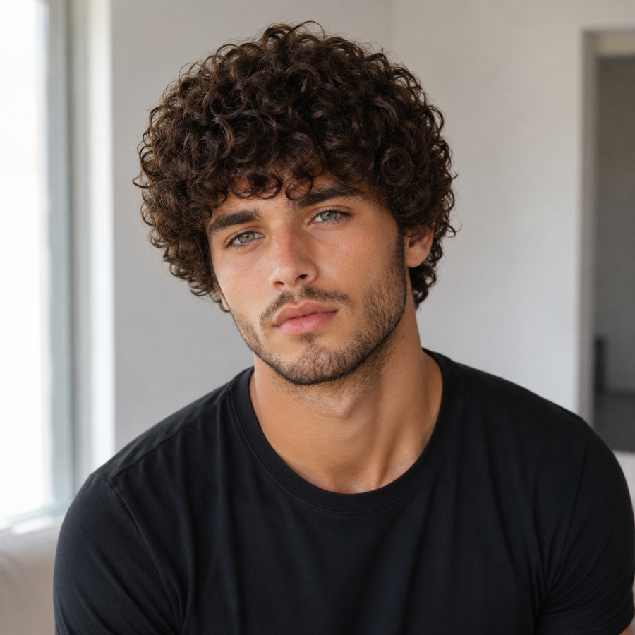 Men's Curly Wig with Natural Volume | Short Dark Brown Wavy Hair Wig for Men