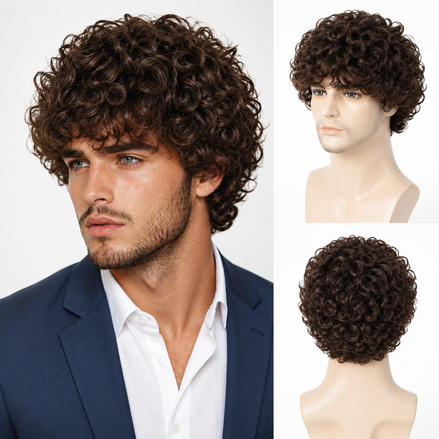 Men's Curly Wig with Natural Volume | Short Dark Brown Wavy Hair Wig for Men