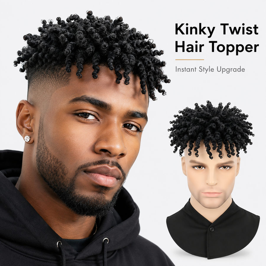 Men's Kinky Twist Hair Topper | Clip-In Curly Hair Piece for Natural Volume & Style