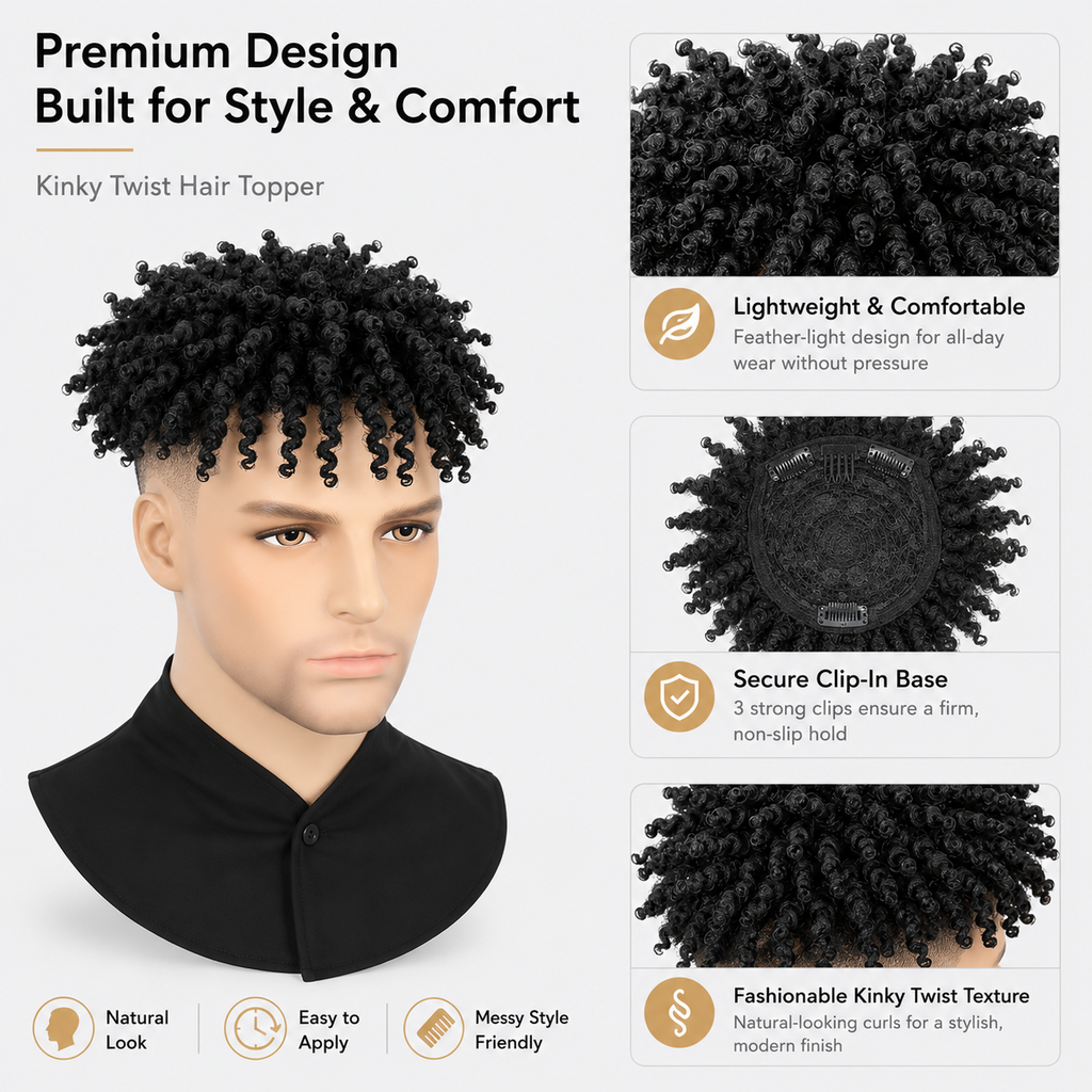 Men's Kinky Twist Hair Topper | Clip-In Curly Hair Piece for Natural Volume & Style