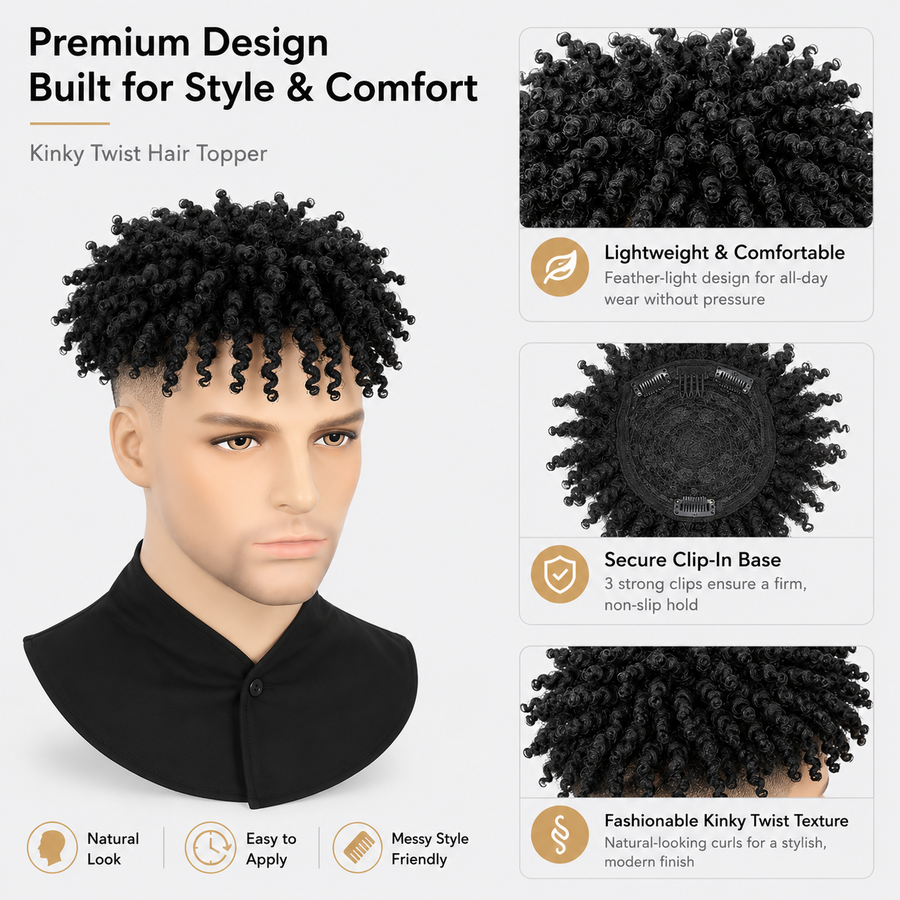 Men's Kinky Twist Hair Topper | Clip-In Curly Hair Piece for Natural Volume & Style