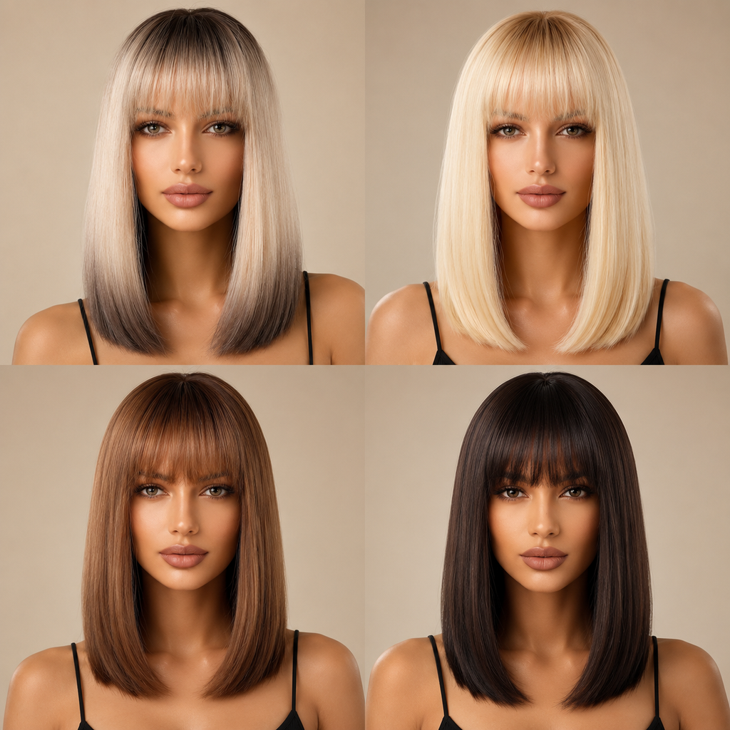 Straight Bob Wig with Bangs | Shoulder Length Blunt Cut Wig for Women