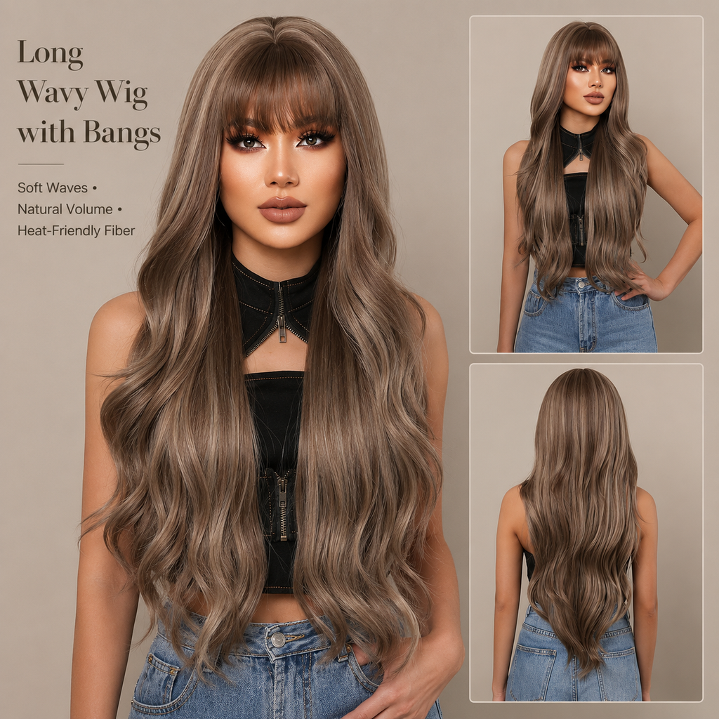 Long Wavy Wig with Bangs for Women | Layered Synthetic Hair Wig