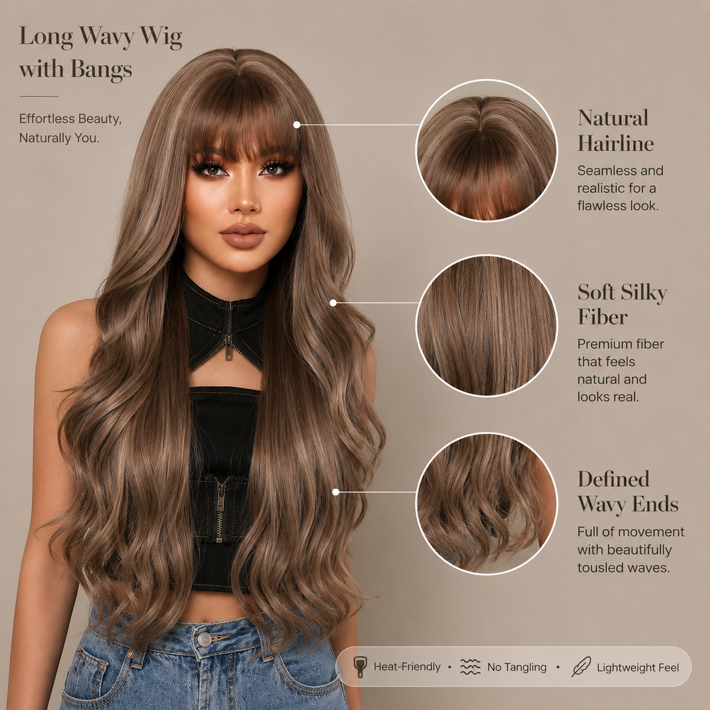 Long Wavy Wig with Bangs for Women | Layered Synthetic Hair Wig