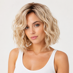 Short Blonde Wavy Bob Wig with Natural Look Heat Resistant Synthetic Hair