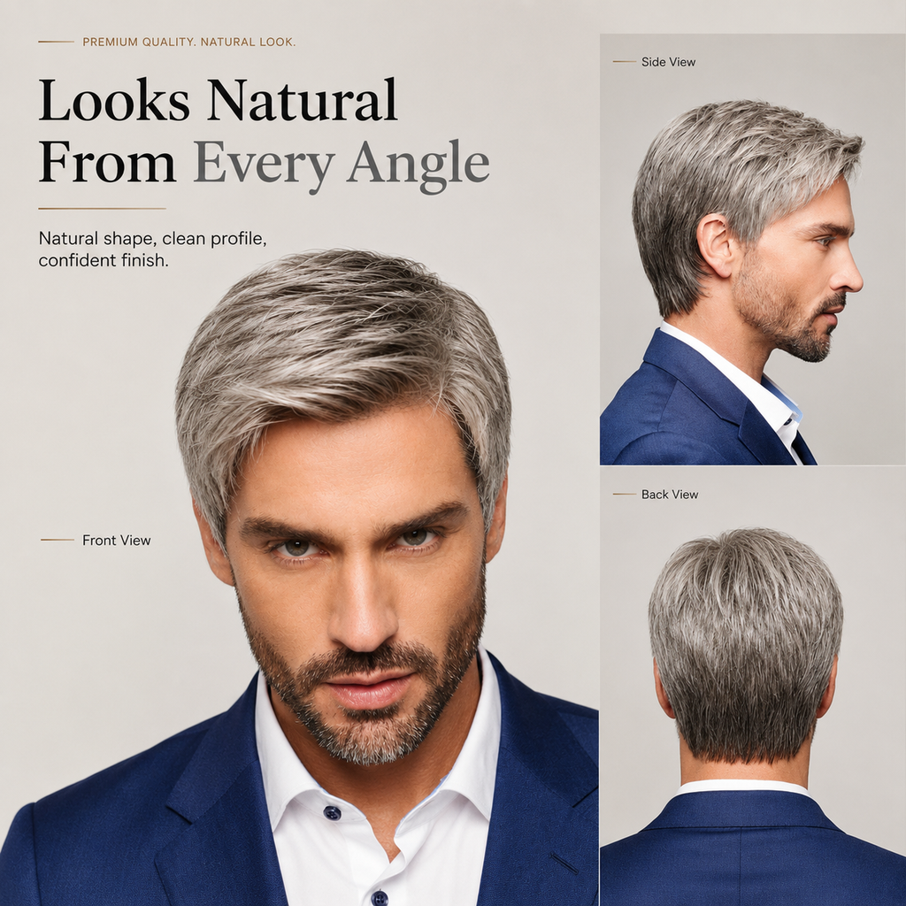 Men’s Silver Gray Short Synthetic Wig – Natural Layered Hairpiece