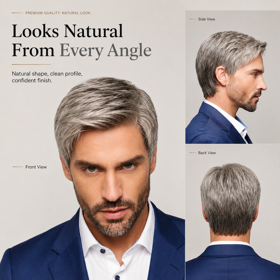 Men’s Silver Gray Short Synthetic Wig – Natural Layered Hairpiece