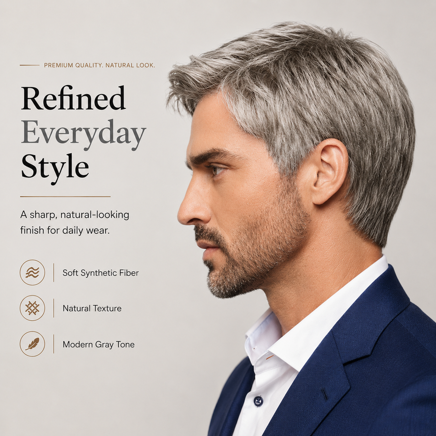 Men’s Silver Gray Short Synthetic Wig – Natural Layered Hairpiece