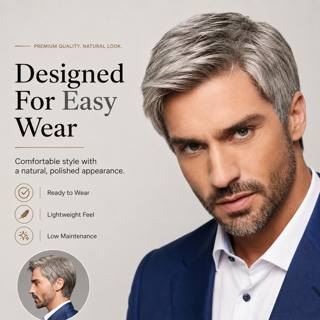 Men’s Silver Gray Short Synthetic Wig – Natural Layered Hairpiece