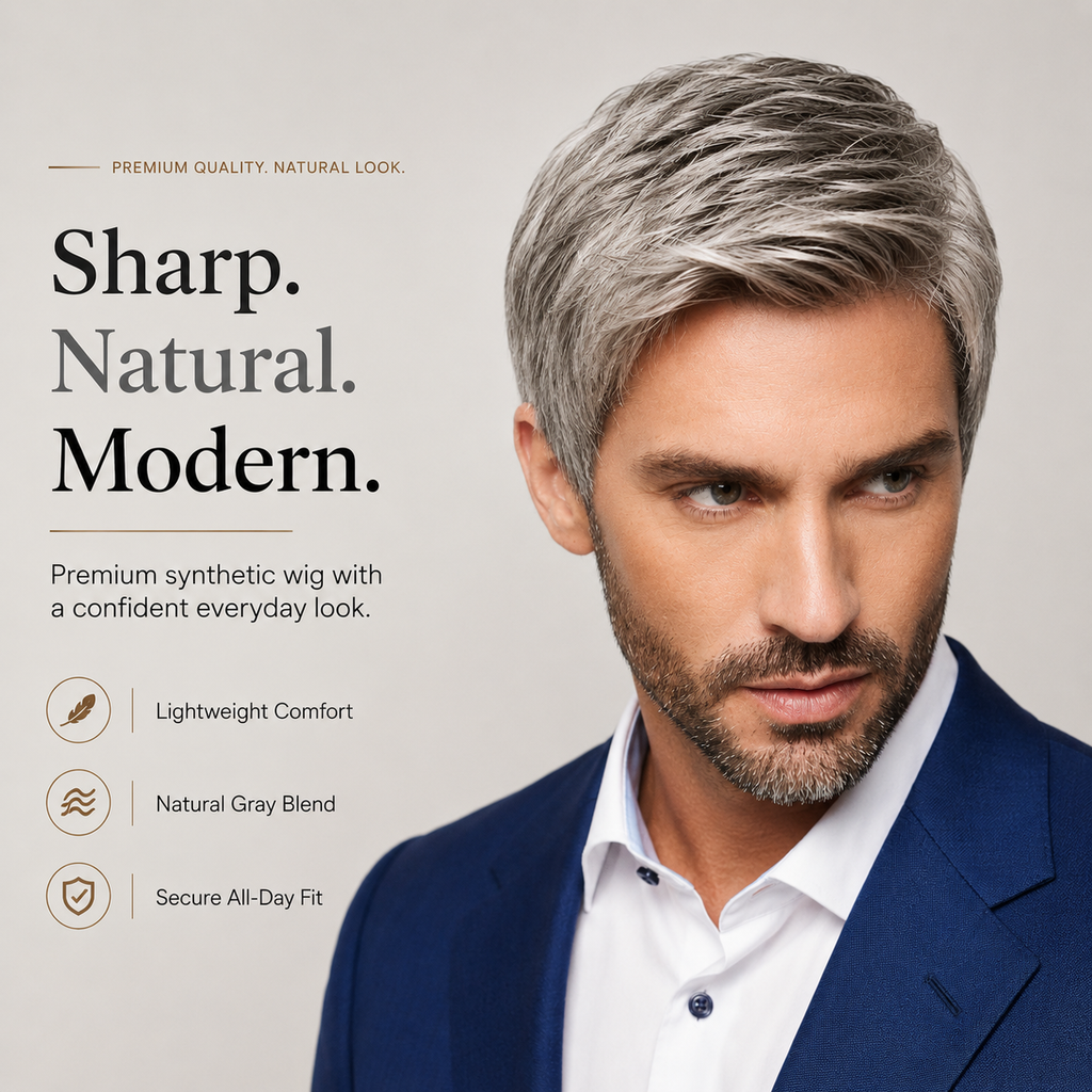 Men’s Silver Gray Short Synthetic Wig – Natural Layered Hairpiece