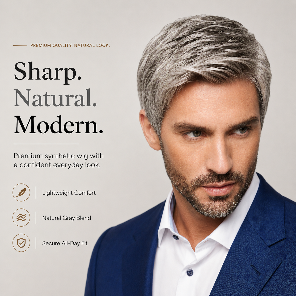 Men’s Silver Gray Short Synthetic Wig – Natural Layered Hairpiece