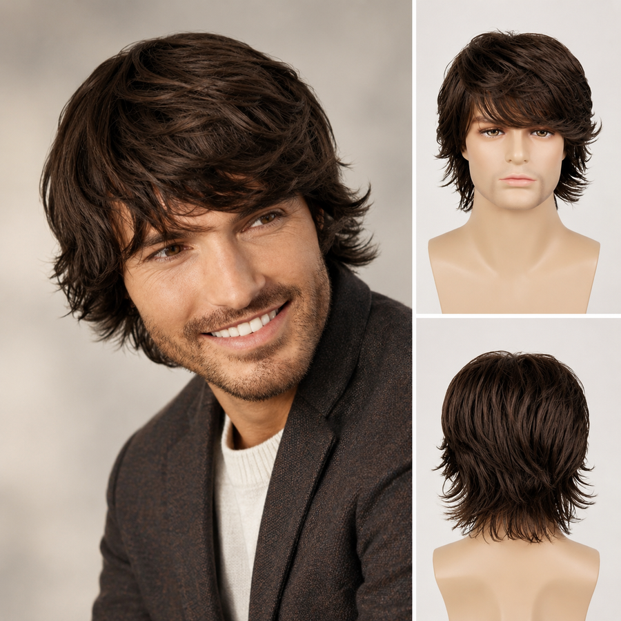 Men’s Medium Length Layered Synthetic Wig – Natural Shaggy Straight Hair Wig for Daily Wear