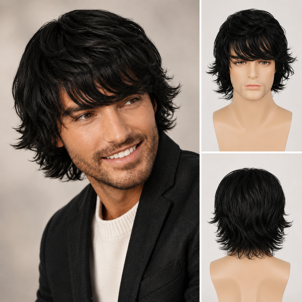 Men’s Medium Length Layered Synthetic Wig – Natural Shaggy Straight Hair Wig for Daily Wear