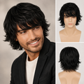 Men’s Medium Length Layered Synthetic Wig – Natural Shaggy Straight Hair Wig for Daily Wear