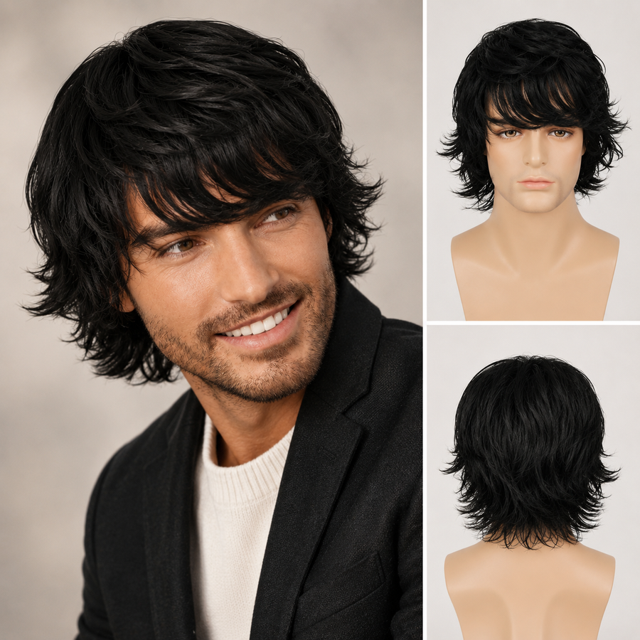 Men’s Medium Length Layered Synthetic Wig – Natural Shaggy Straight Hair Wig for Daily Wear
