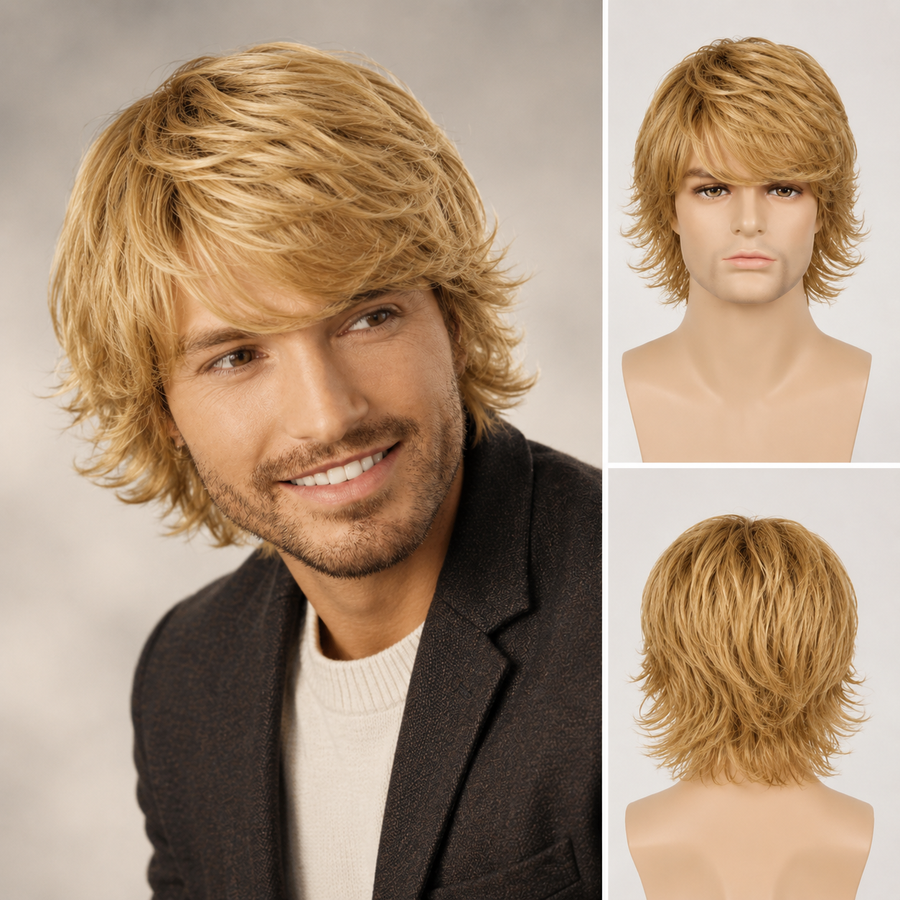 Men’s Medium Length Layered Synthetic Wig – Natural Shaggy Straight Hair Wig for Daily Wear