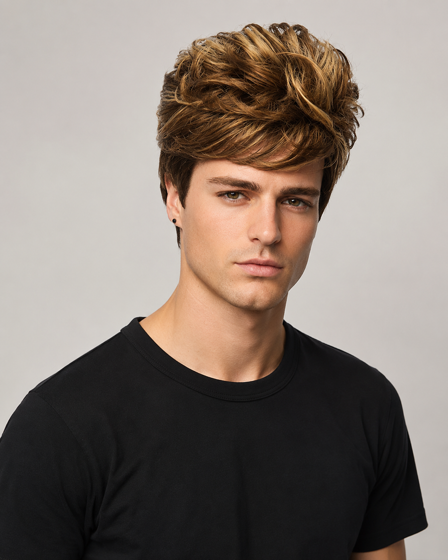 Men’s Short Layered Wig – Brown Blonde Highlight Natural Look Wig