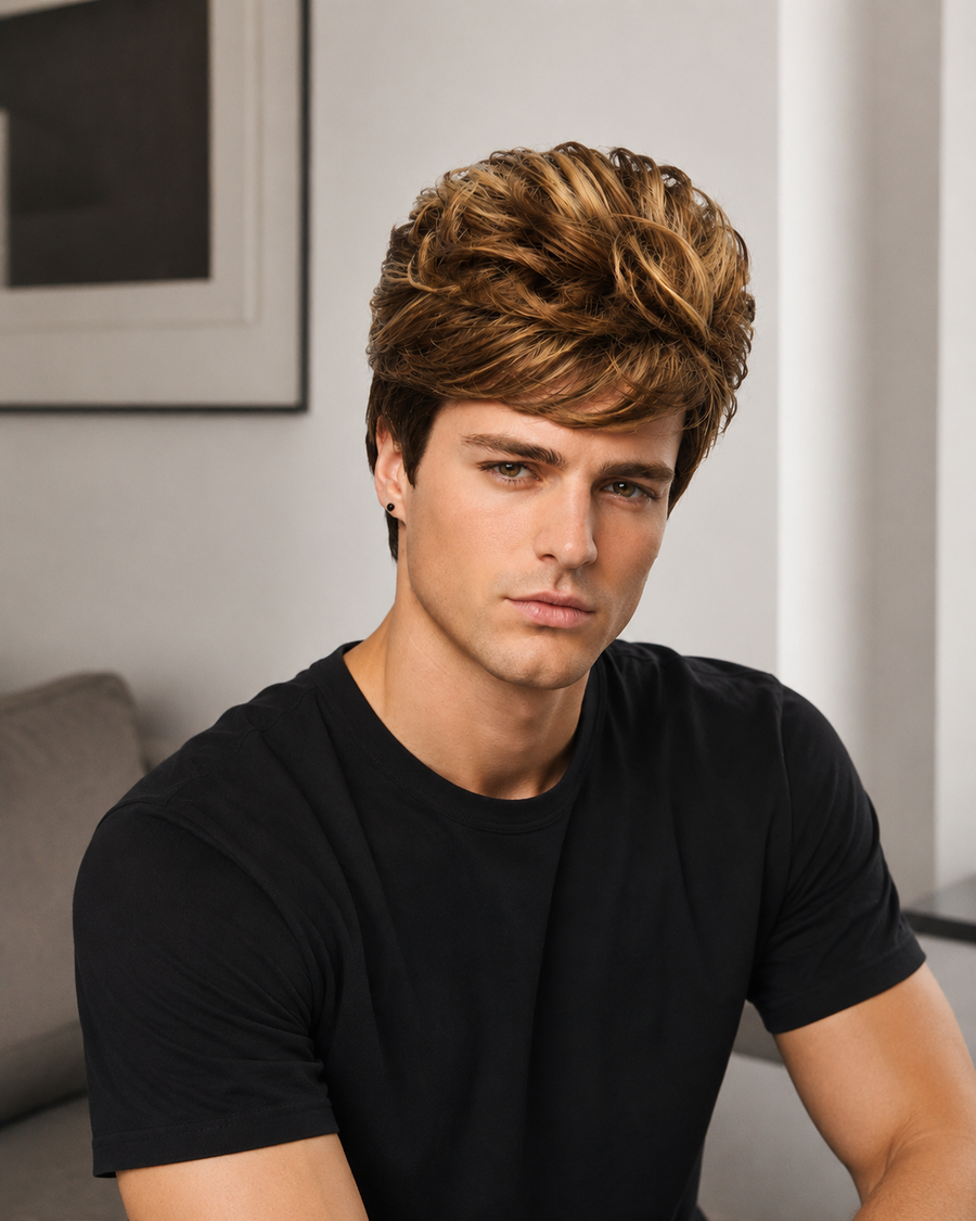 Men’s Short Layered Wig – Brown Blonde Highlight Natural Look Wig