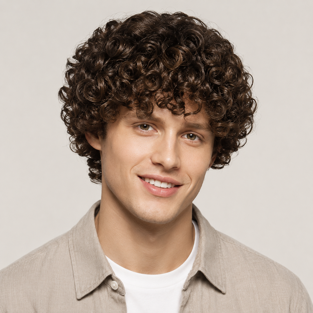 Men’s Curly Wig – Natural Brown Short Curly Synthetic Wig