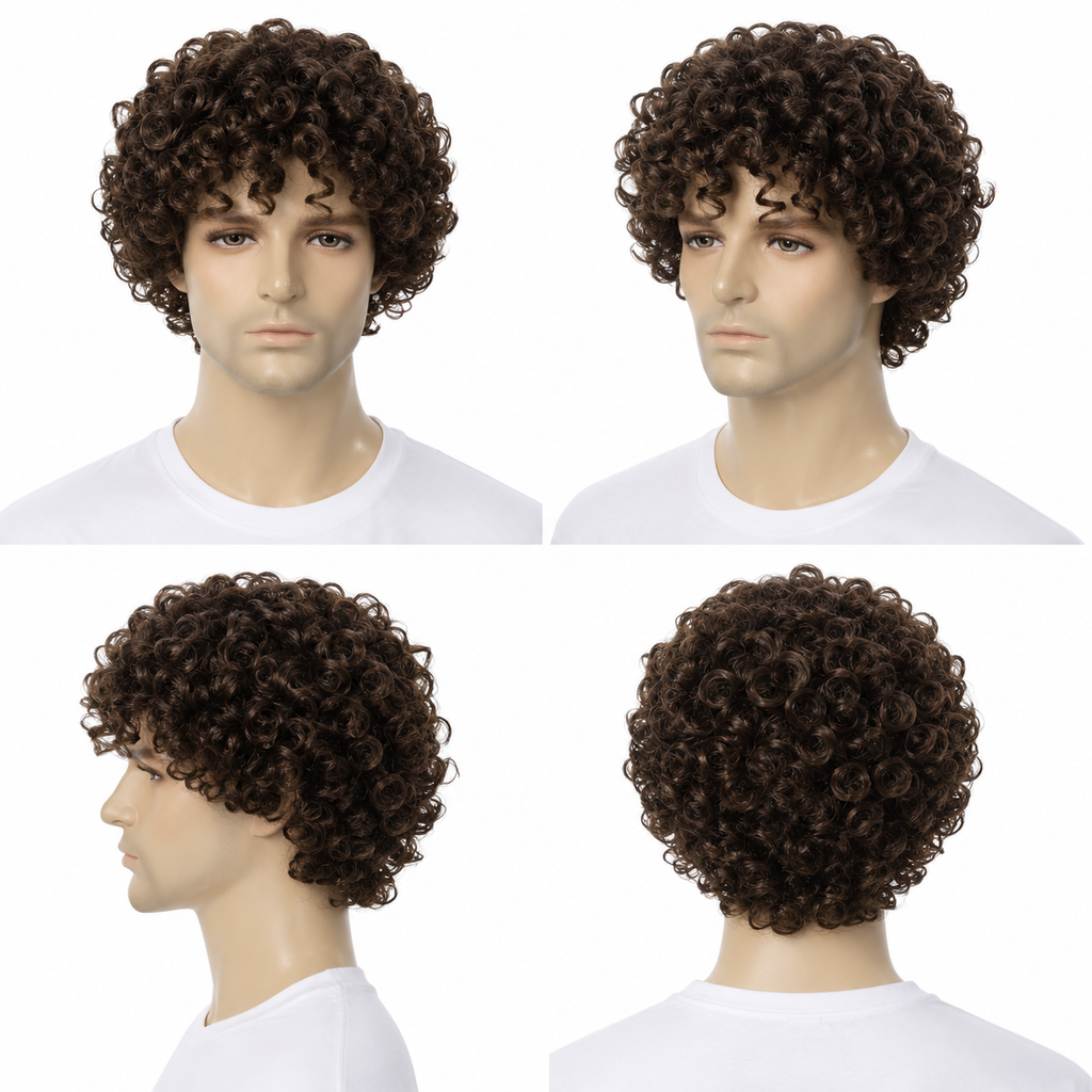 Men’s Curly Wig – Natural Brown Short Curly Synthetic Wig