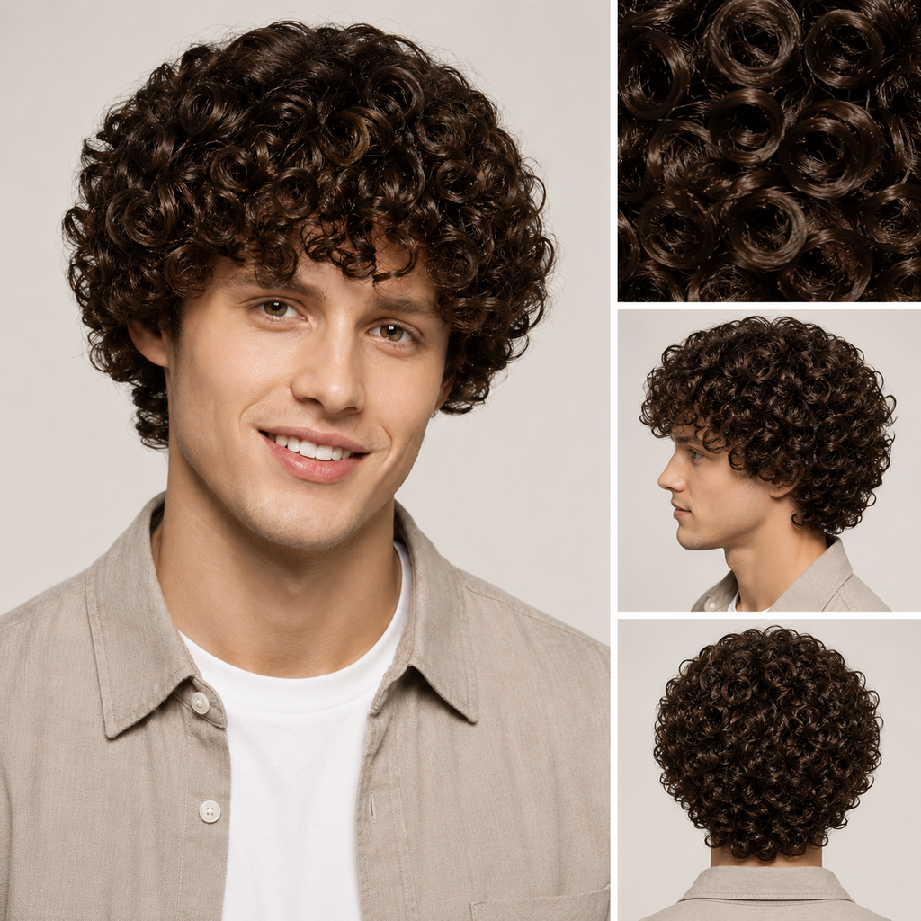 Men’s Curly Wig – Natural Brown Short Curly Synthetic Wig