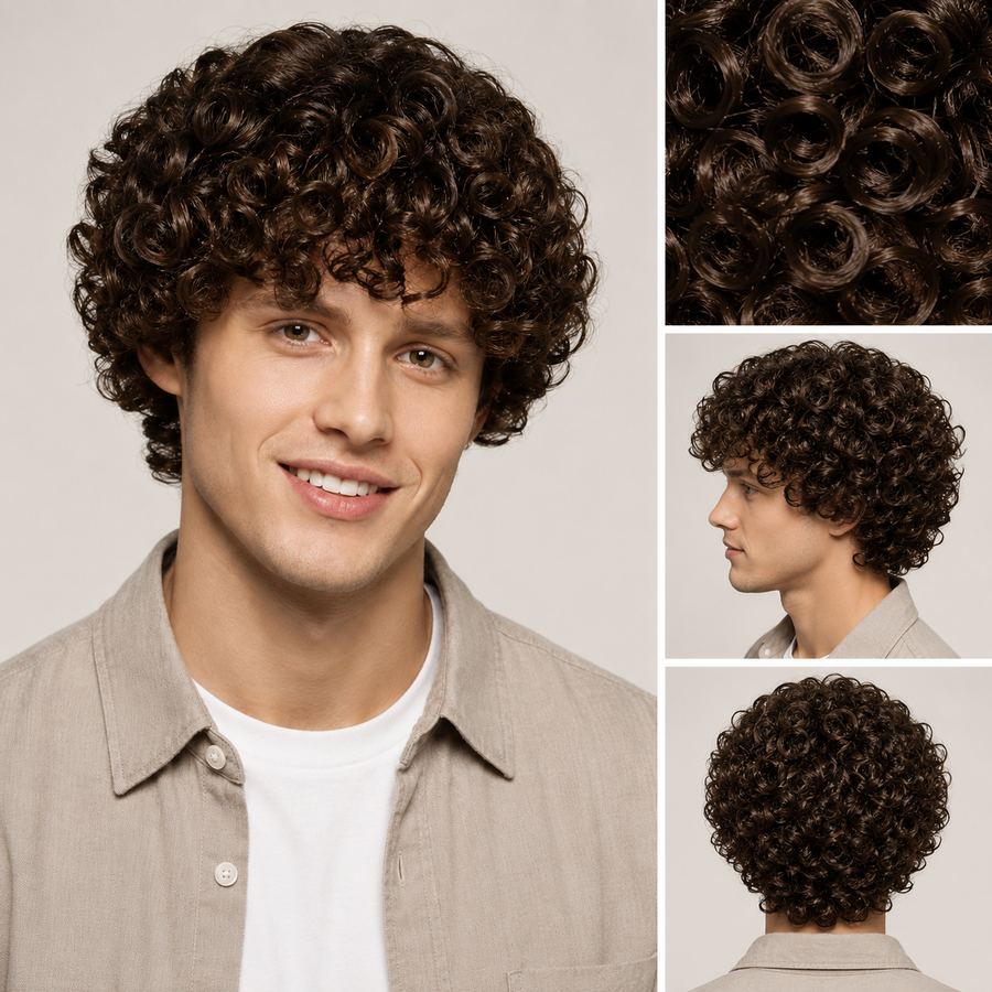 Men’s Curly Wig – Natural Brown Short Curly Synthetic Wig