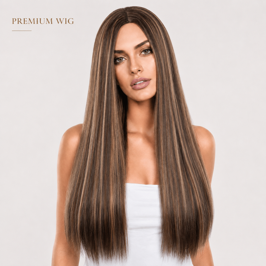 Women’s Long Straight Highlight Synthetic Wig – Natural Middle Part Brown Blonde Wig