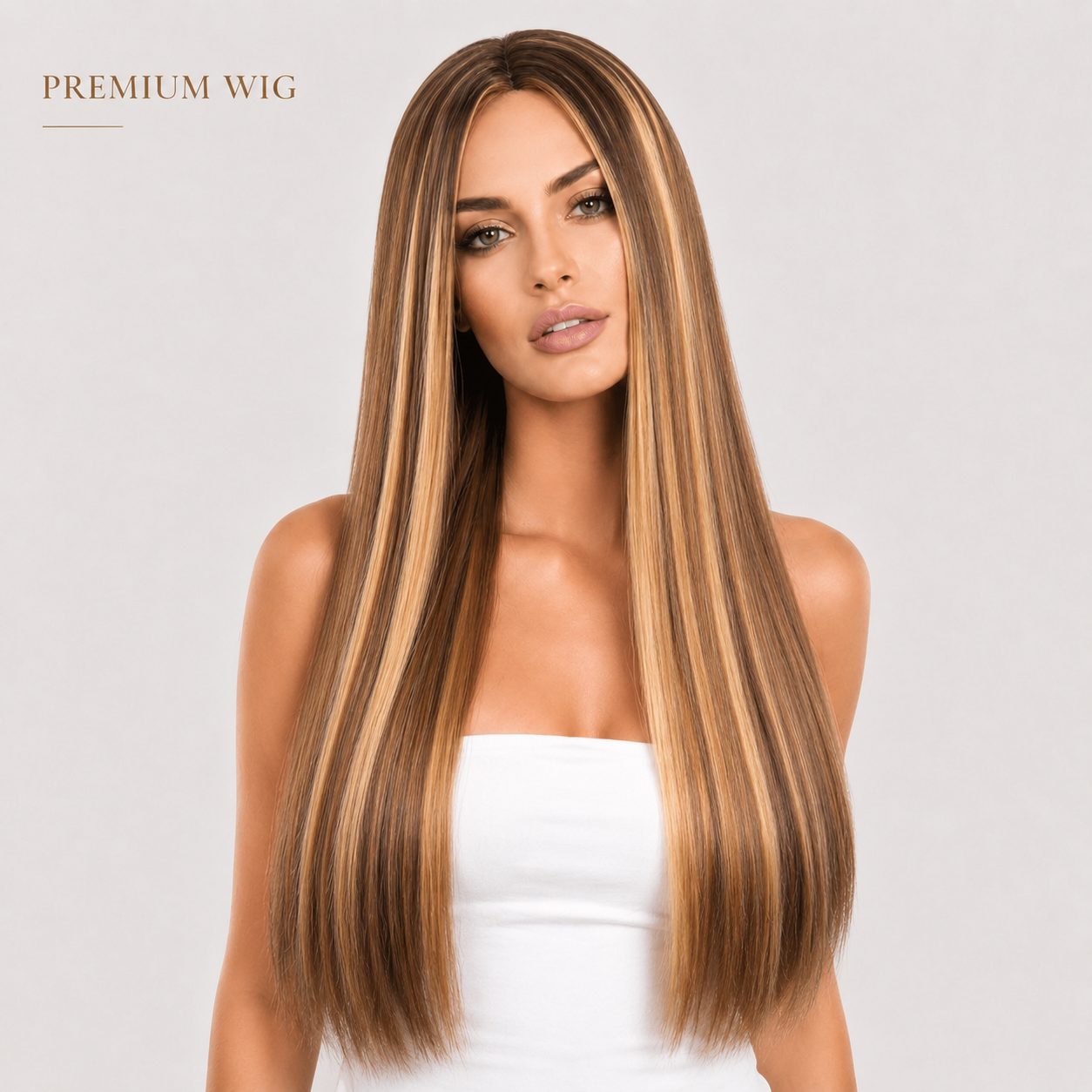 Women’s Long Straight Highlight Synthetic Wig – Natural Middle Part Brown Blonde Wig