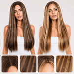 Women’s Long Straight Highlight Synthetic Wig – Natural Middle Part Brown Blonde Wig