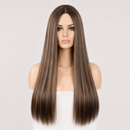 Women’s Long Straight Highlight Synthetic Wig – Natural Middle Part Brown Blonde Wig