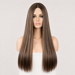 Women’s Long Straight Highlight Synthetic Wig – Natural Middle Part Brown Blonde Wig