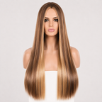 Women’s Long Straight Highlight Synthetic Wig – Natural Middle Part Brown Blonde Wig