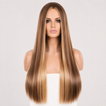 Women’s Long Straight Highlight Synthetic Wig – Natural Middle Part Brown Blonde Wig