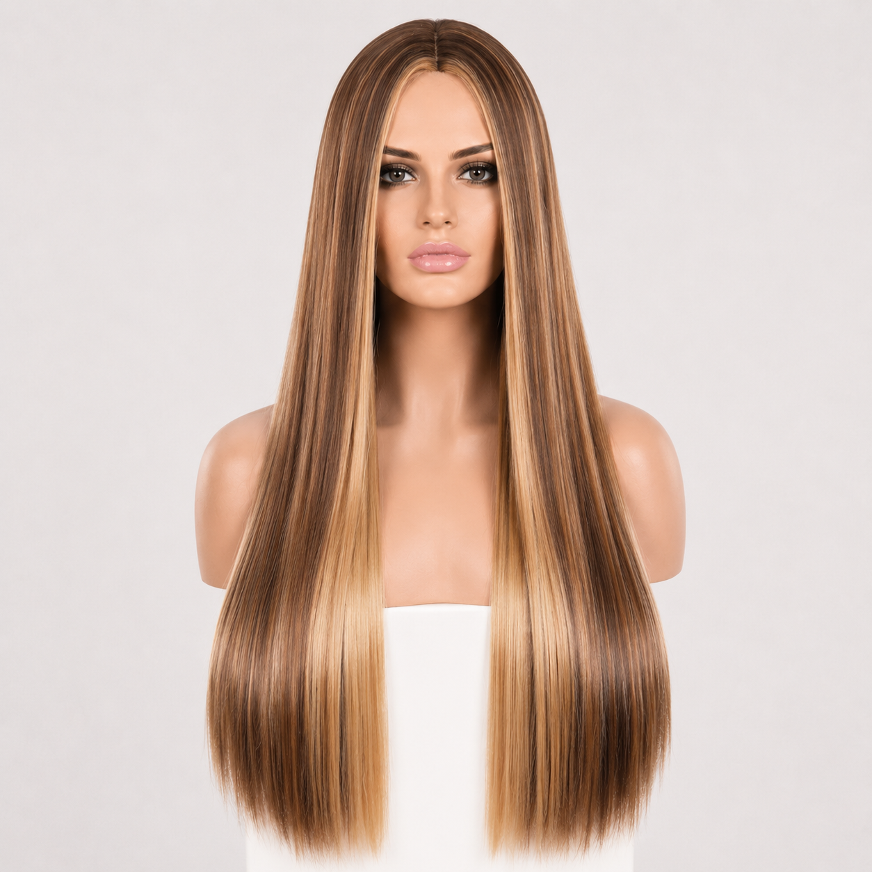 Women’s Long Straight Highlight Synthetic Wig – Natural Middle Part Brown Blonde Wig