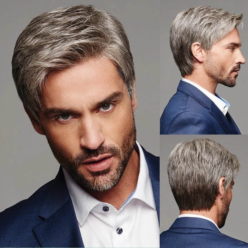 Men’s Silver Gray Short Synthetic Wig – Natural Layered Hairpiece