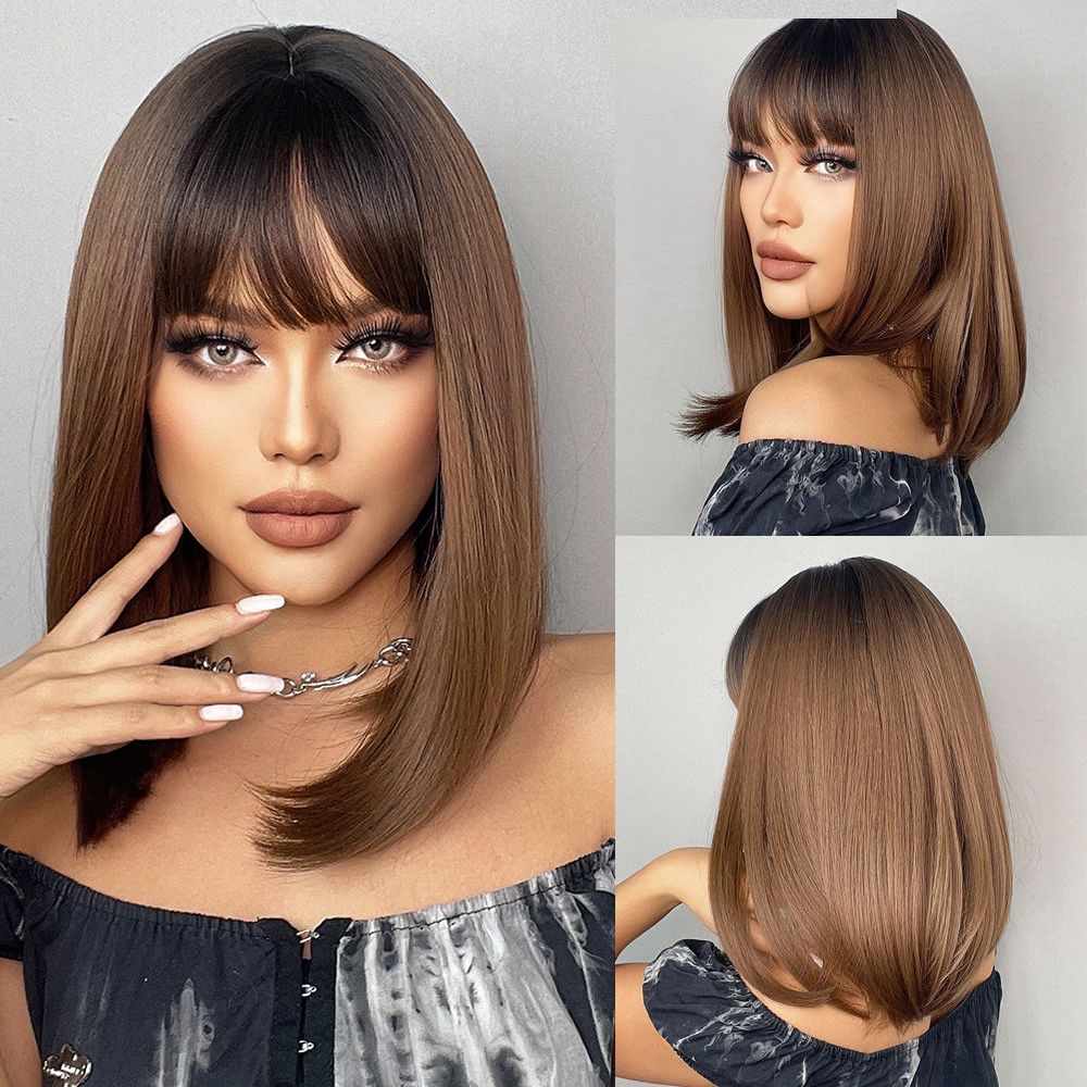 Straight Bob Wig with Bangs | Shoulder Length Blunt Cut Wig for Women