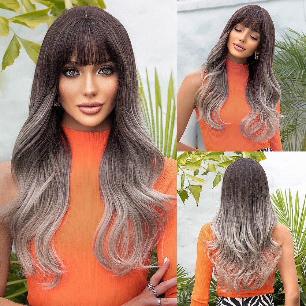 Long Wavy Wig with Bangs for Women | Layered Synthetic Hair Wig