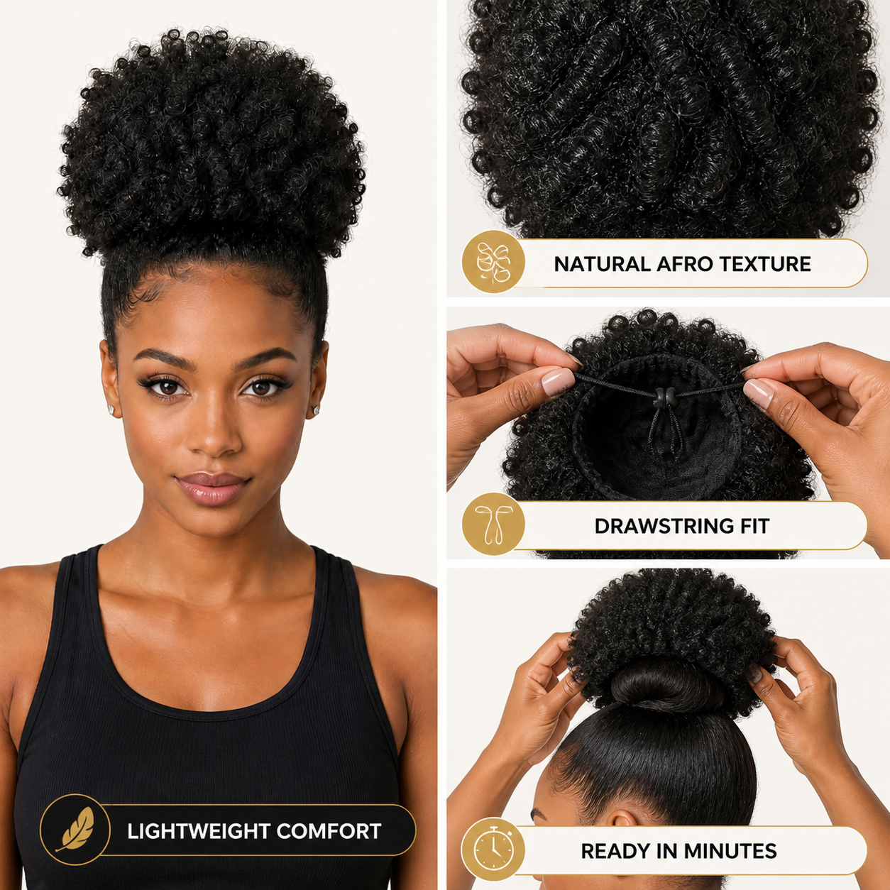 Afro puff drawstring ponytail: natural texture, drawstring fit, lightweight comfort and quick application