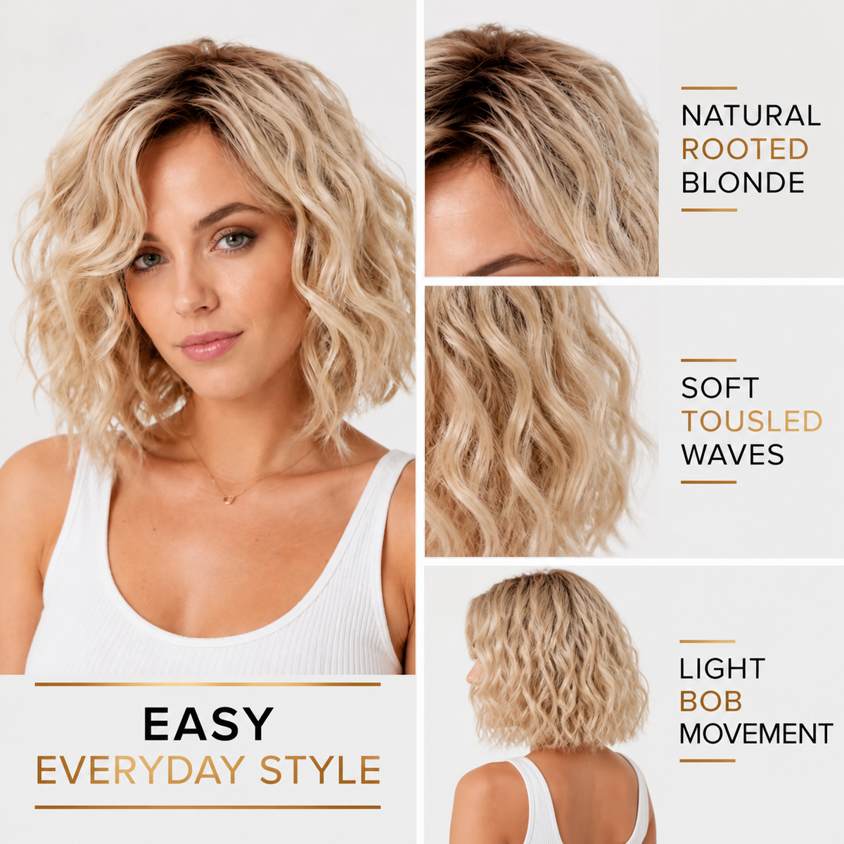 Short blonde wavy bob: rooted blonde dimension, soft tousled waves, light bob movement and easy everyday style