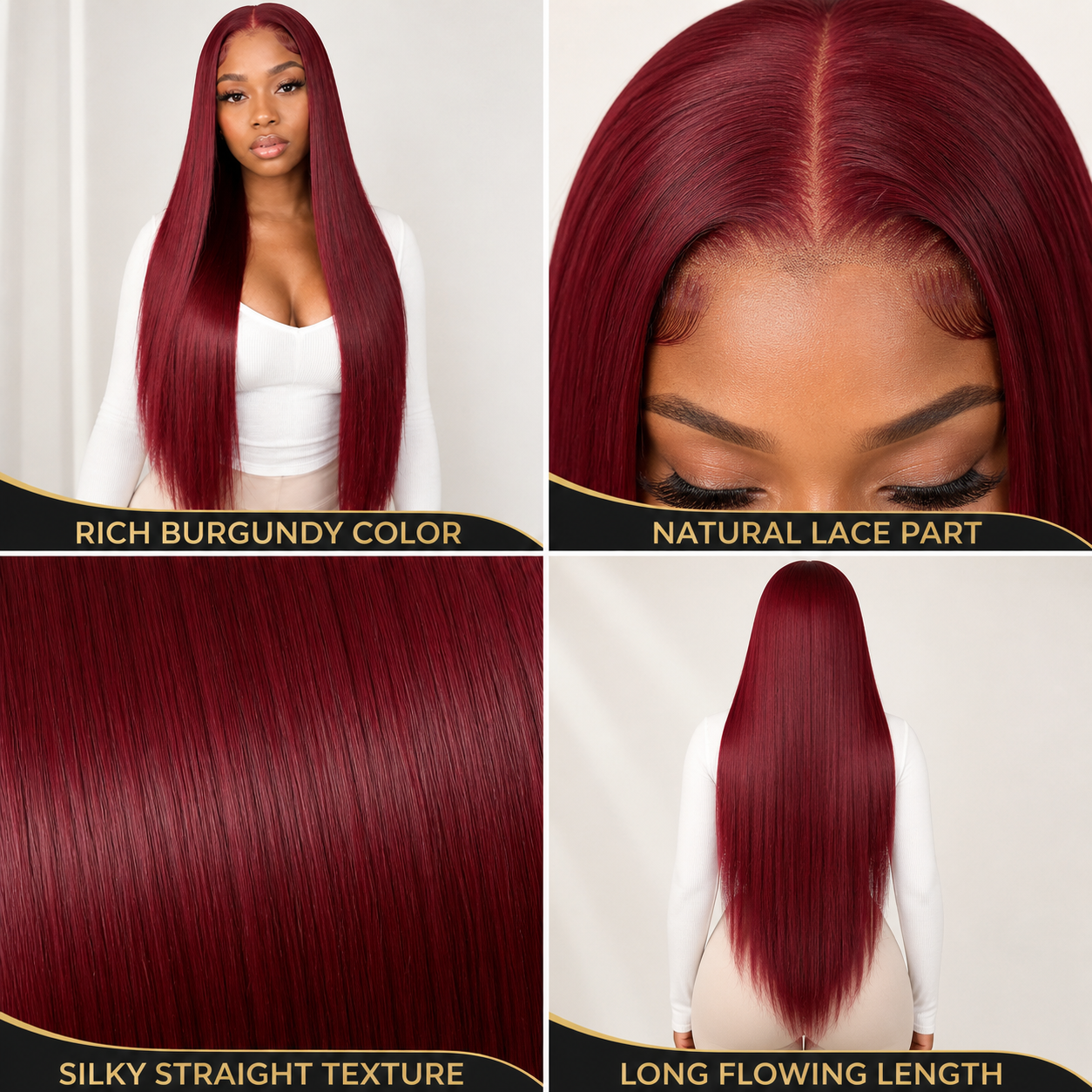 Burgundy silky straight lace front wig: rich burgundy color, natural lace part, silky straight texture and long flowing length