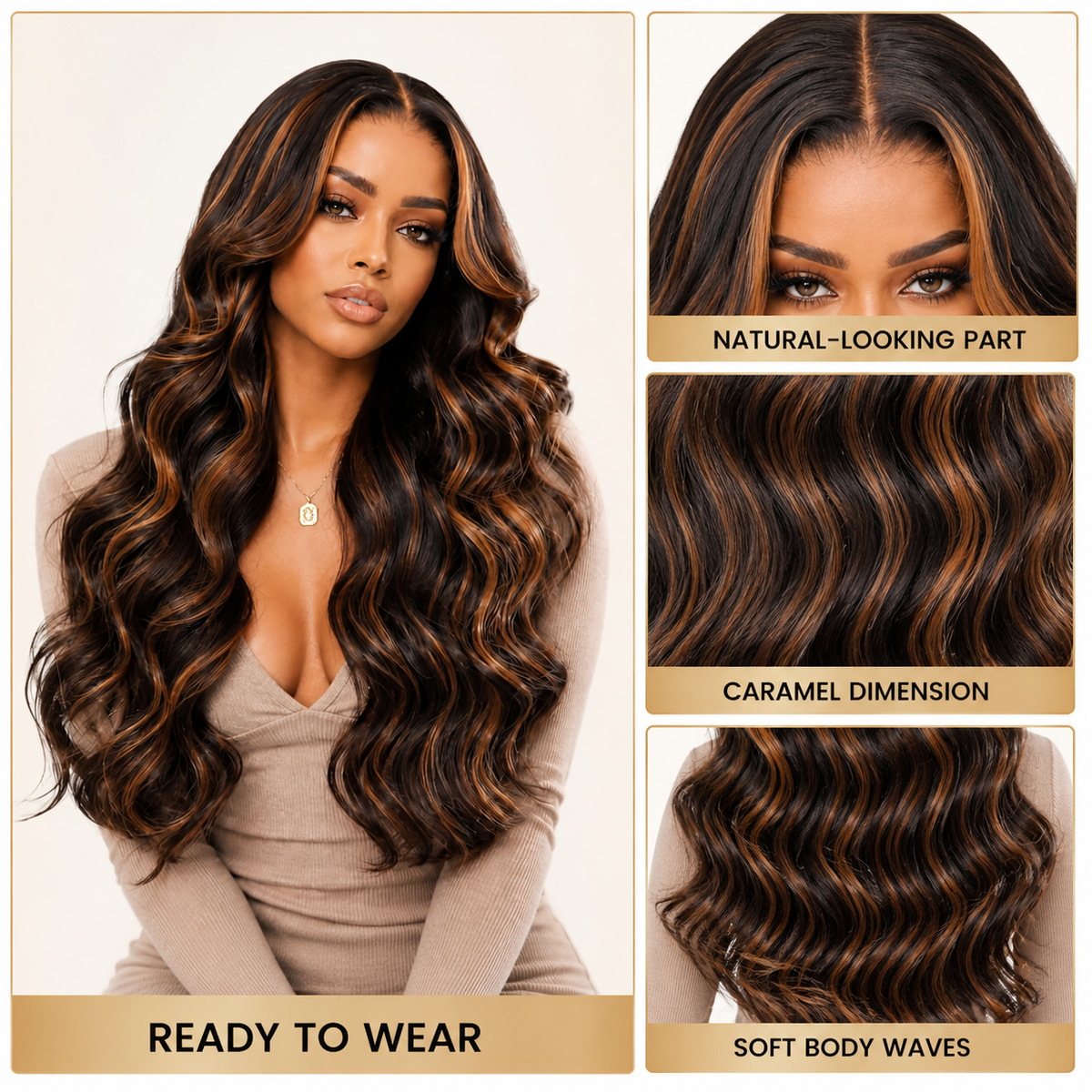 Caramel body wave wig: natural-looking part, dimensional highlights, soft body waves and ready-to-wear style