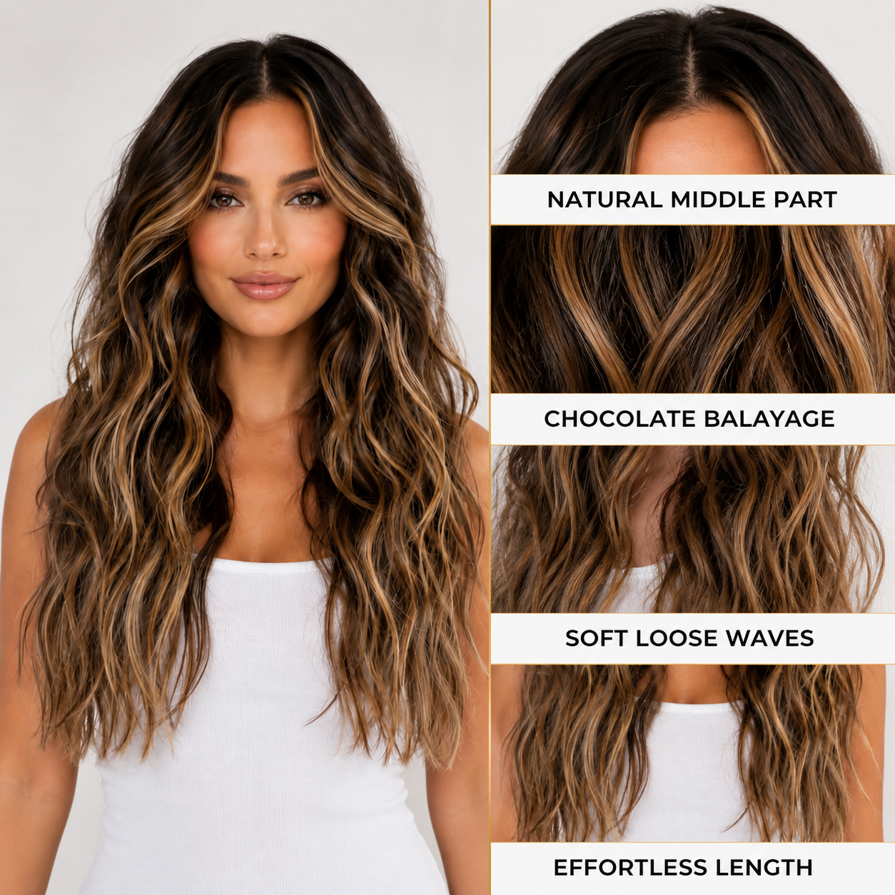 Chocolate caramel balayage wig: natural middle part, dimensional color, soft loose waves and long length