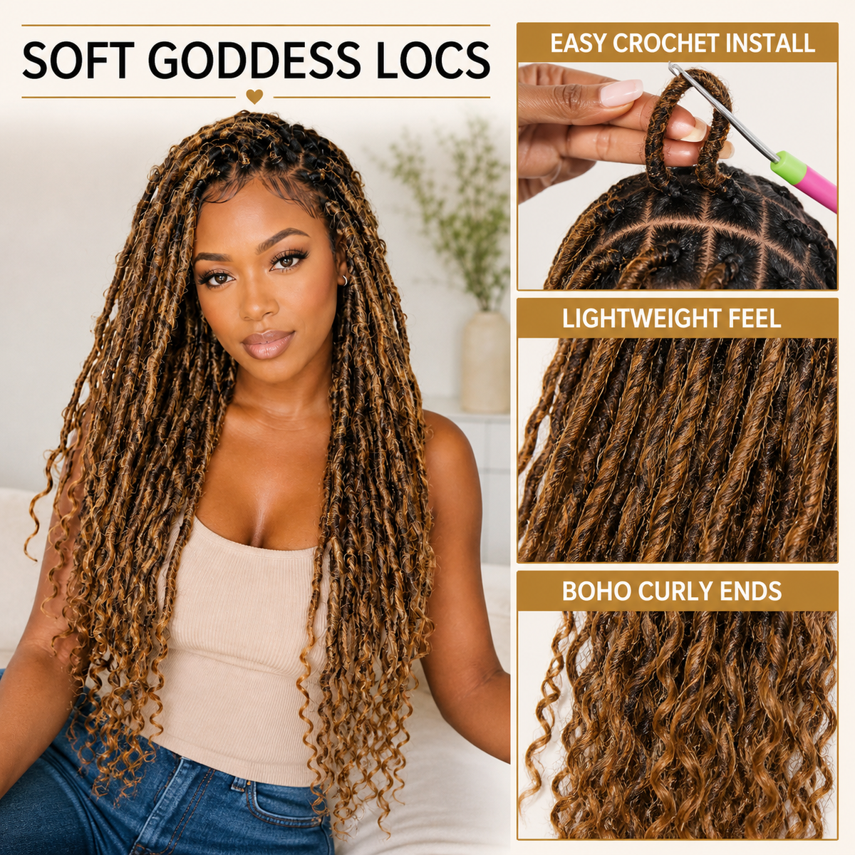 Goddess faux locs: soft loc texture, crochet installation, lightweight feel and boho curly ends