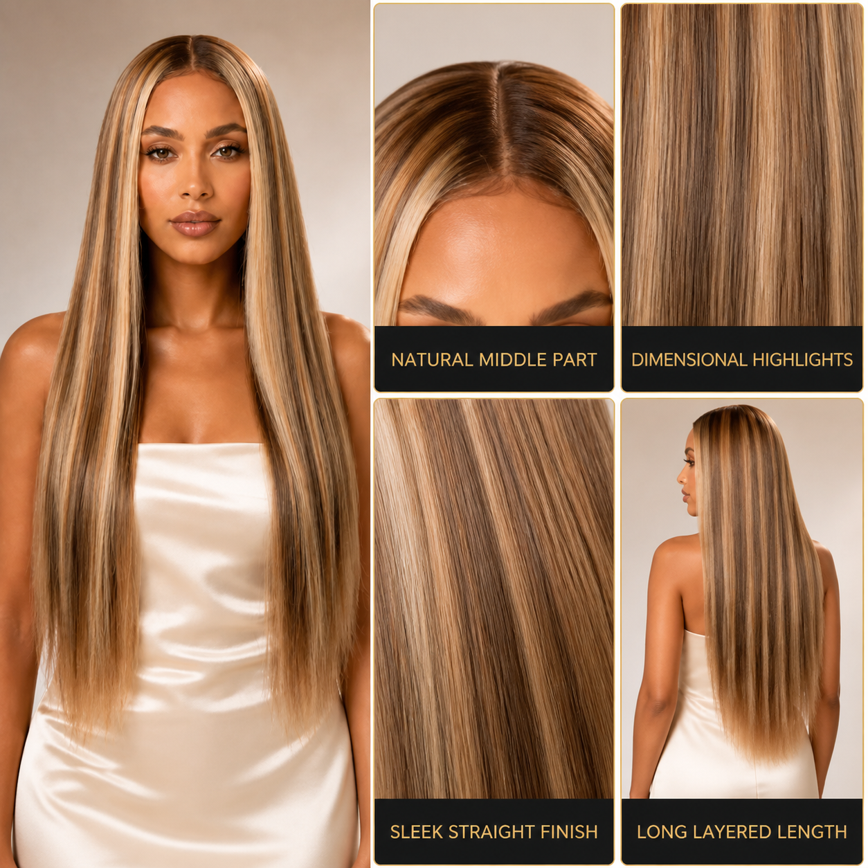 Long straight highlighted wig: natural middle part, dimensional highlights, sleek straight finish and long layered length