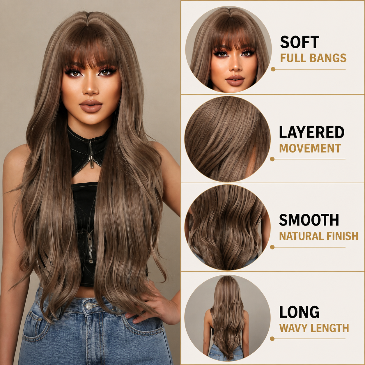Long wavy wig with bangs: soft full bangs, layered movement, smooth finish and long wavy length