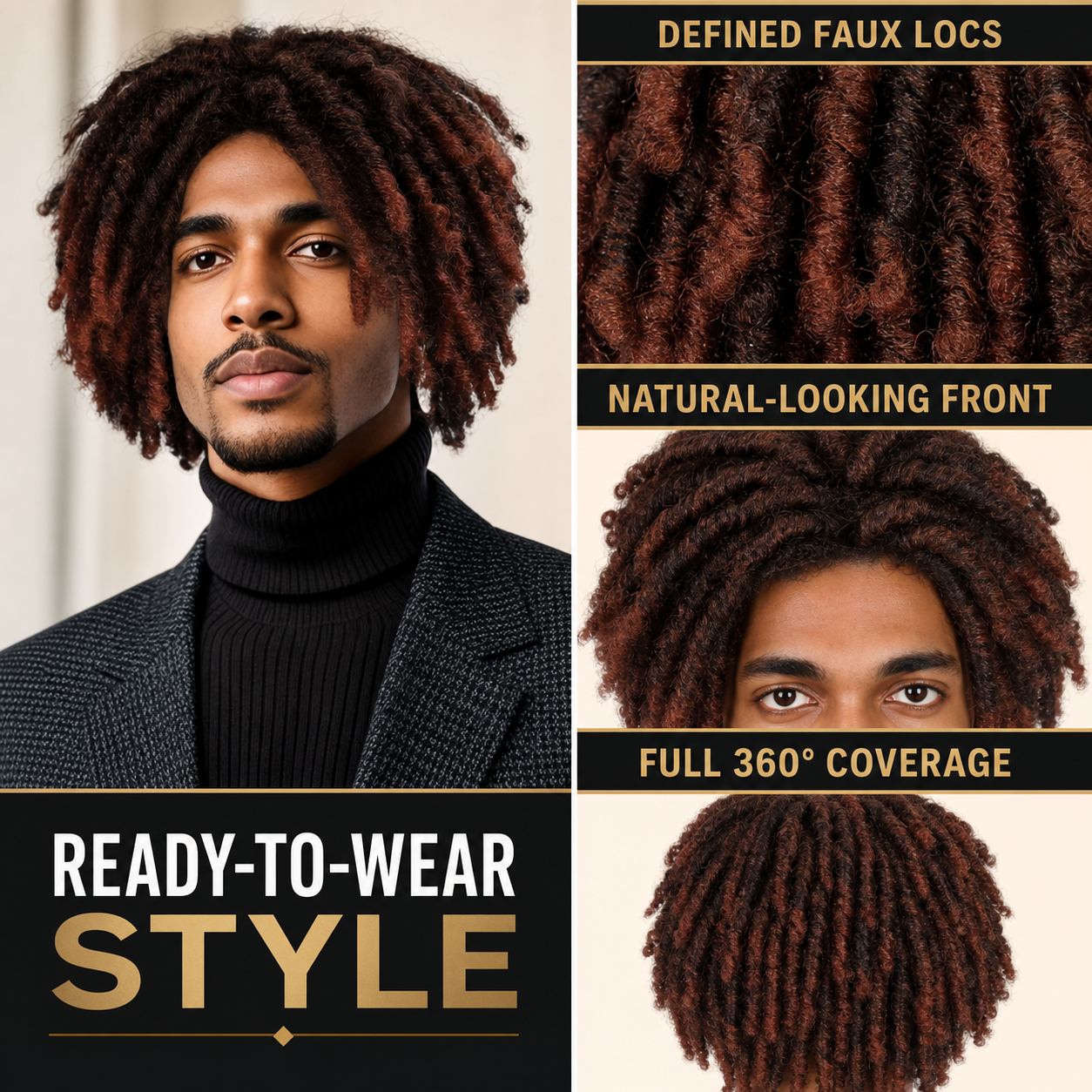 Men's faux locs wig: defined loc texture, natural-looking front, full coverage and ready-to-wear style